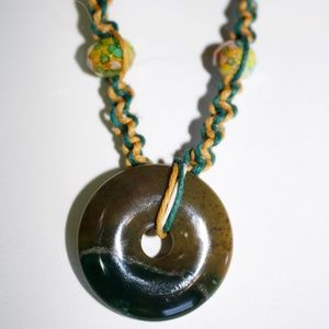 Jade mixed stone yellow green circle pendant hemp